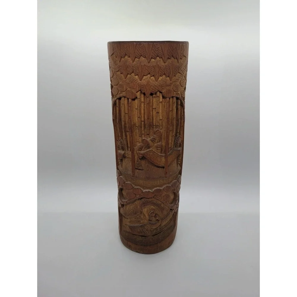 Chinese Bamboo Brush‎ Pot Carved Wooden Asian Flower Vase